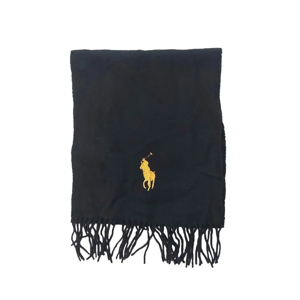 POLO Ralph Lauren Solid Black Scarf Embroidered Yellow Pony POLO Logo Scarves